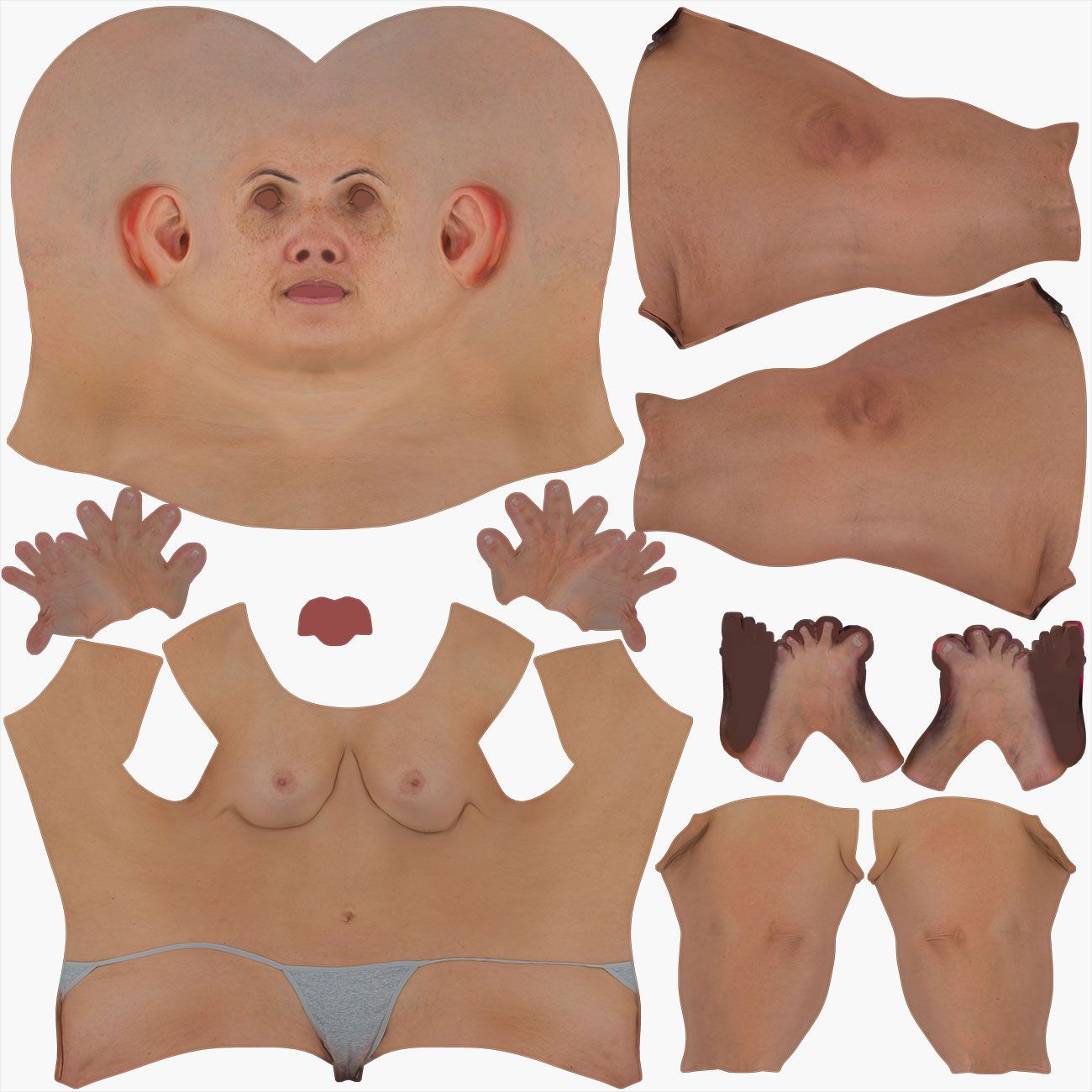 Unwrapped UV map layout for a fuller-figured female 3D body scan showing low-distortion texture coordinates